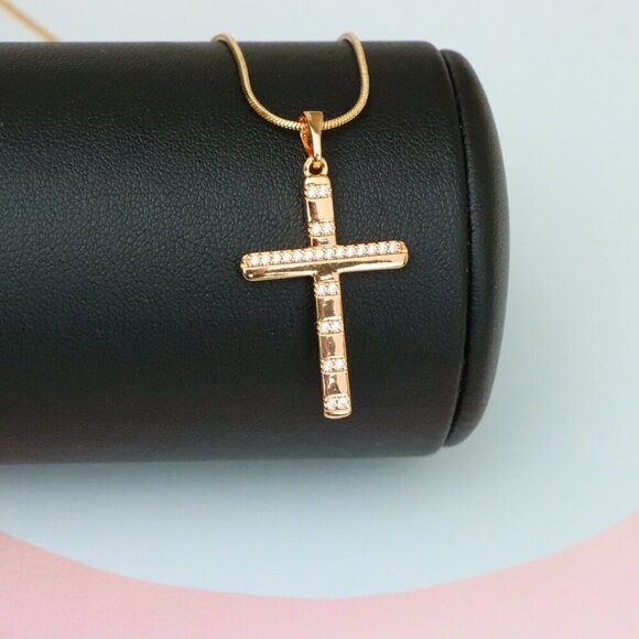 "Rose Gold Cross Pendant with CZ Stripes in Geometric Modern Design, XPPT1821 - Picture 5 of 12